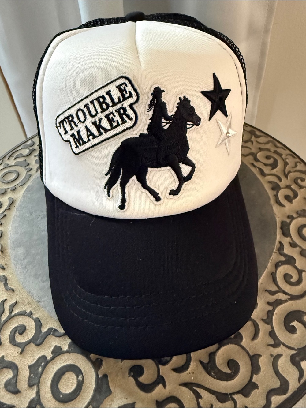 Black & White Snap Back Trucker Hat Trouble Maker